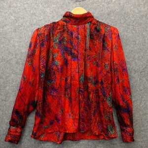 Vintage 80s Red Secretary Blouse L 14 Abstract New Wave Art Silky High Neck TESS